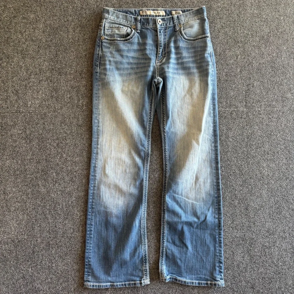BKE Tyler Straight Leg Jeans Mens 29R Medium Wash Embroidered Heavy Stitch 29x30